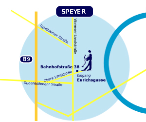 Skizze: Lageplan Hausarztpraxis Dr. Rappold / Bahnhofstraße 38, 67346 Speyer